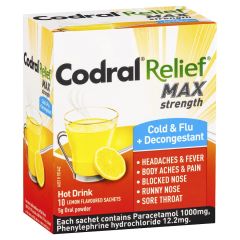 Codral Cold and Flu + Decongestant Max Strength Hot Drink Oral Powder Lemon 10 Sachets x 5g