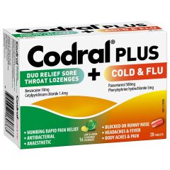 Codral Plus Cold and Flu Tablets 20 Pack + Sore Throat Relief Lozenges Lime and Lemon Flavour 16 pack