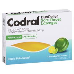 Codral Sore Throat Relief Lozenges Antibacterial + Anaesthetic Lime and Lemon 16 Pack