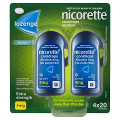 Nicorette Quit Smoking Extra Strength Cooldrops Nicotine Lozenge Icy Mint 4mg 4 x 20 Pack