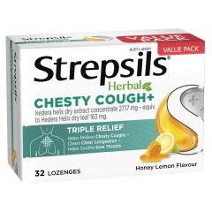 Strepsils Herbal Chesty Cough+ Triple Relief Sore Throat Lozenges Honey Lemon 32 Pack