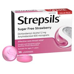 Strepsils Sore Throat Relief Sugar Free Strawberry 36 Lozenges